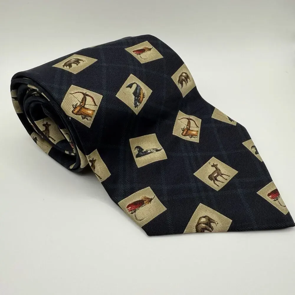 Chaps Ralph Lauren 100% Silk Tie Made‎ in USA Plaid Outdoorsman Print Fish Deer